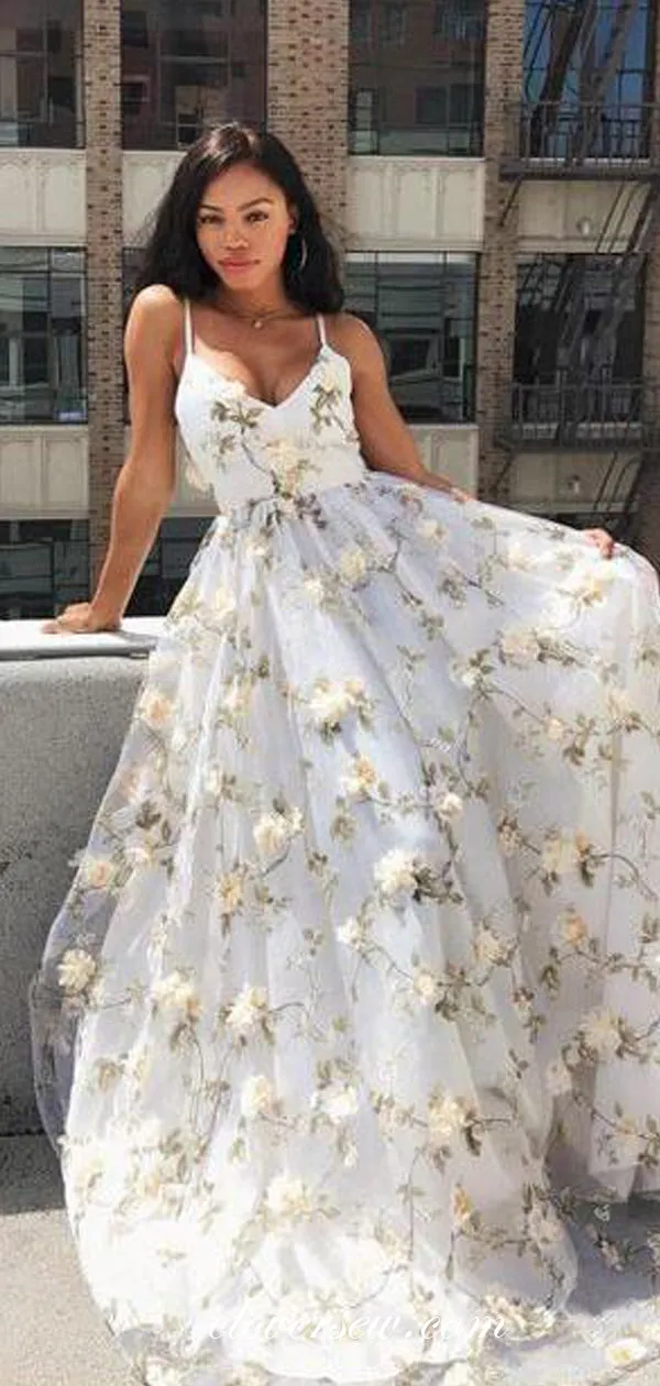 3D Floral Lace White Spaghetti Strap A-line Prom Dresses ,CP0361