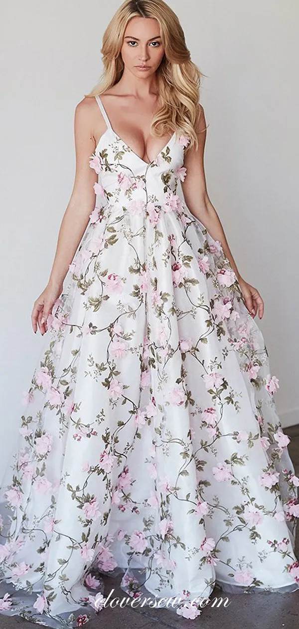 3D Floral Lace White Spaghetti Strap A-line Prom Dresses ,CP0361