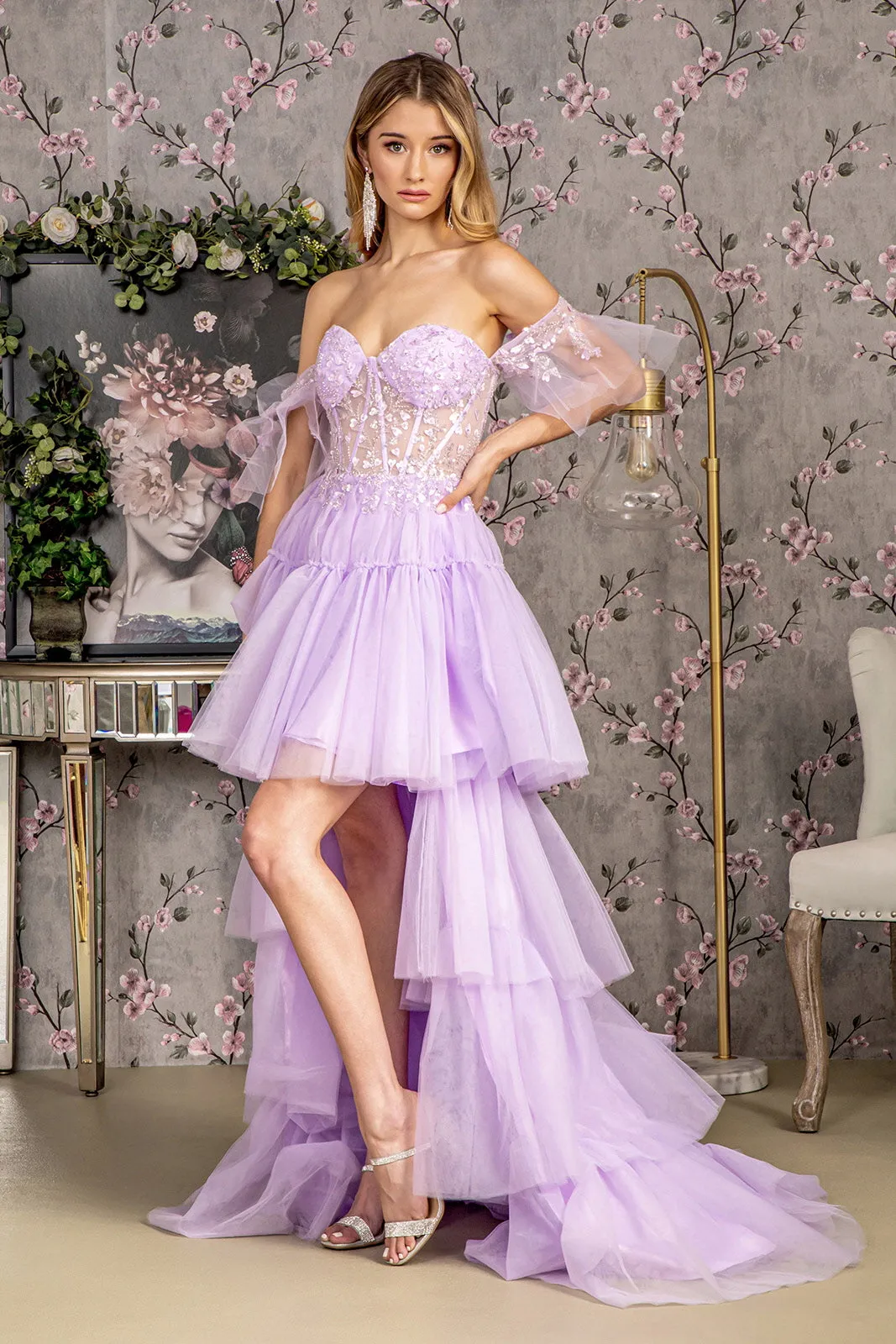 3D Heart Applique Bead Layered Skirt Mesh A-line Long Prom Dress GLGL3396