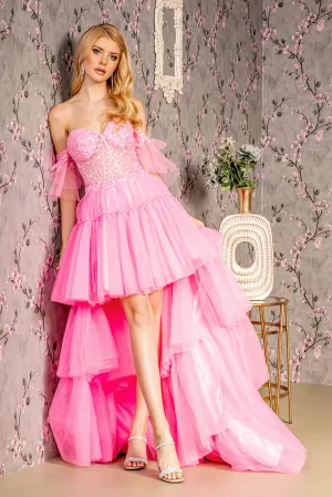 3D Heart Applique Bead Layered Skirt Mesh A-line Long Prom Dress GLGL3396