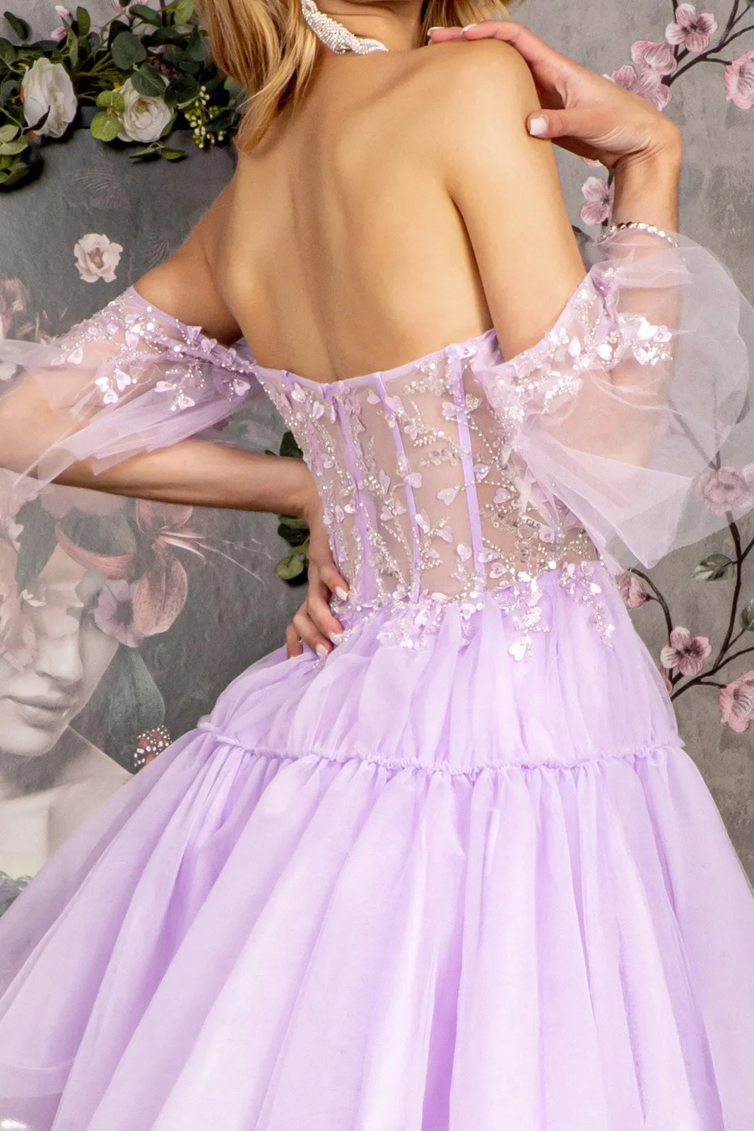 3D Heart Applique Bead Layered Skirt Mesh A-line Long Prom Dress GLGL3396