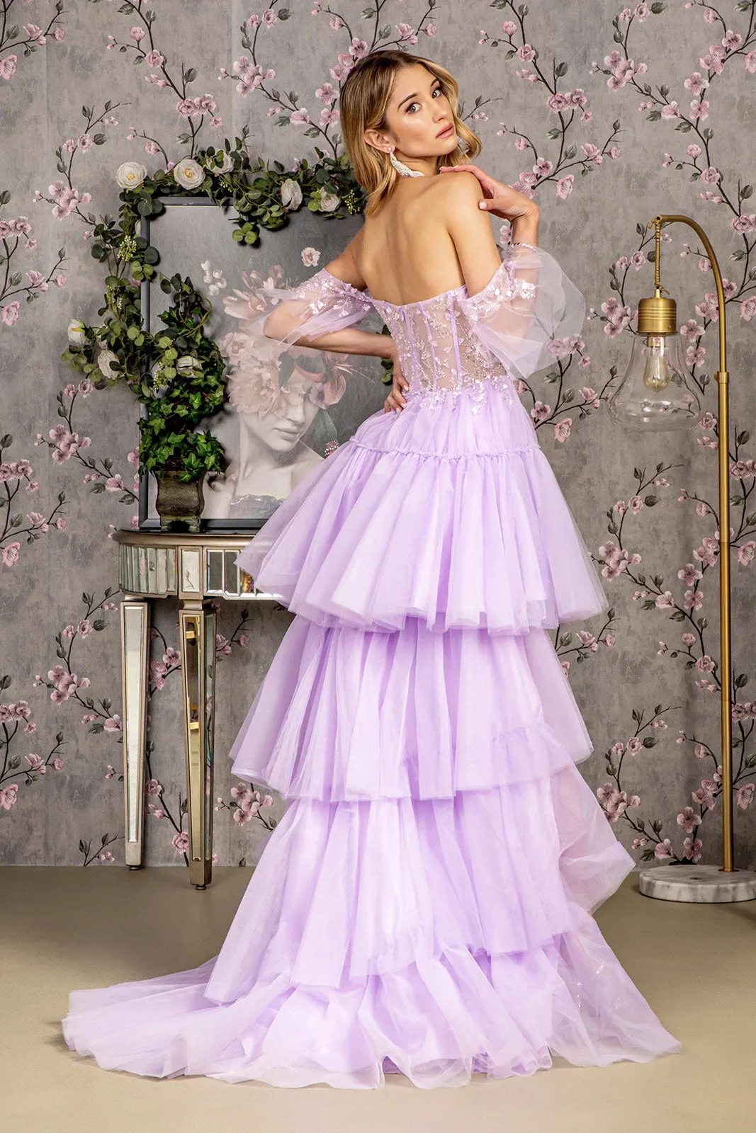 3D Heart Applique Bead Layered Skirt Mesh A-line Long Prom Dress GLGL3396