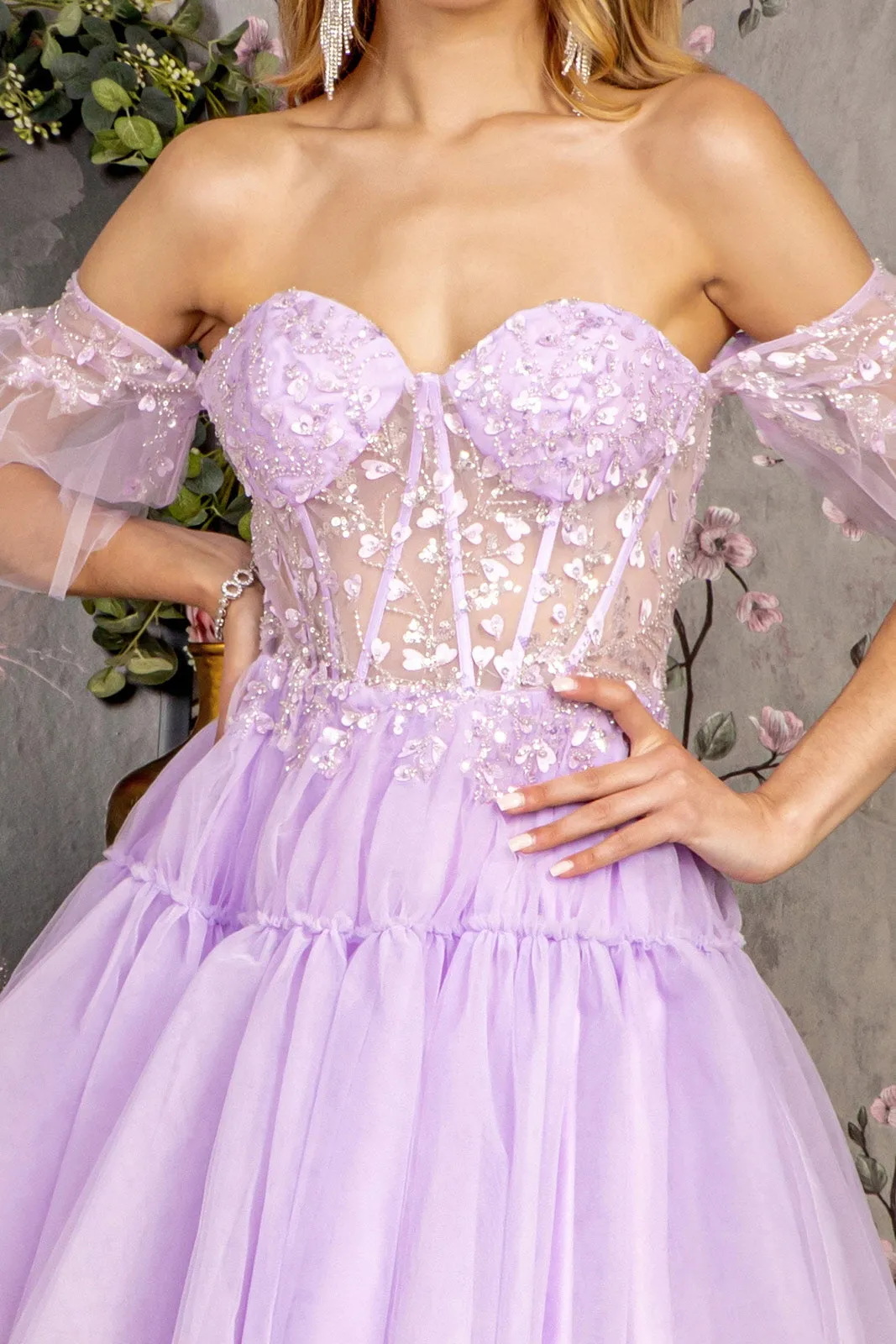 3D Heart Applique Bead Layered Skirt Mesh A-line Long Prom Dress GLGL3396