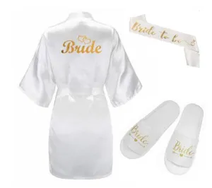 3pc set of glitter gold bride satin short bride robe slippers bridal sash peignoir women Bridal Party 2019 kimono robe