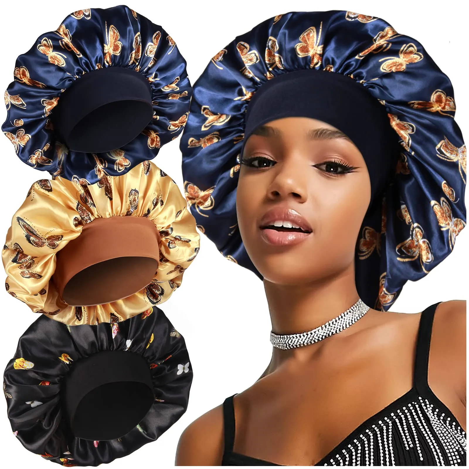 3pcs Large Silky Bonnets for Sleeping, Cute Butterfly Bonnet for Women Braids Curly Hair, D