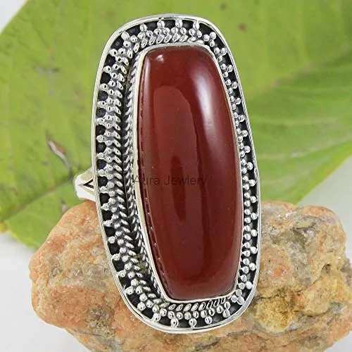 925 Sterling Silver Ring For Women, Natural Red Onyx Ring, Silver Boho Ring, Bezel Set Baguette Red Gemstone Hypoallergenic Bohemian Ring Christmas Gift
