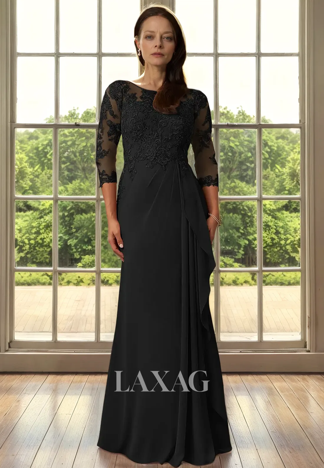 A-Line Bateau Quarter Sleeves Lace Appliques Sleek Satin Mother of the Bride Dress