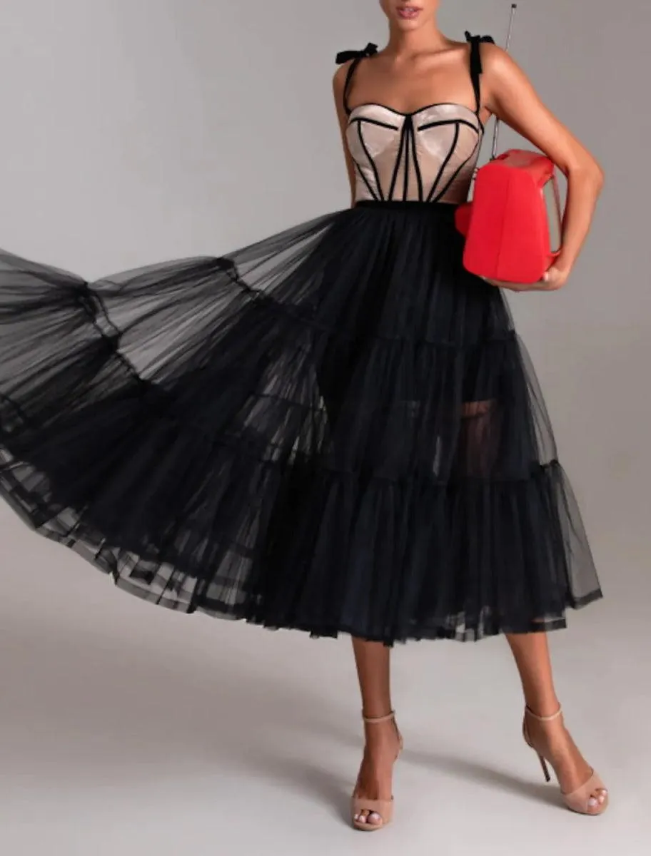 A-Line Cocktail Dresses Party Dress Wedding Guest Tea Length Sleeveless Sweetheart Wednesday Addams Family Tulle with Pleats Tiered