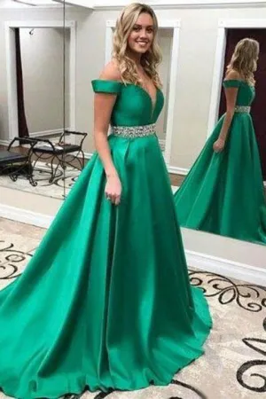 A Line Off the Shoulder V Neck Prom Dresses With Beaded Belt