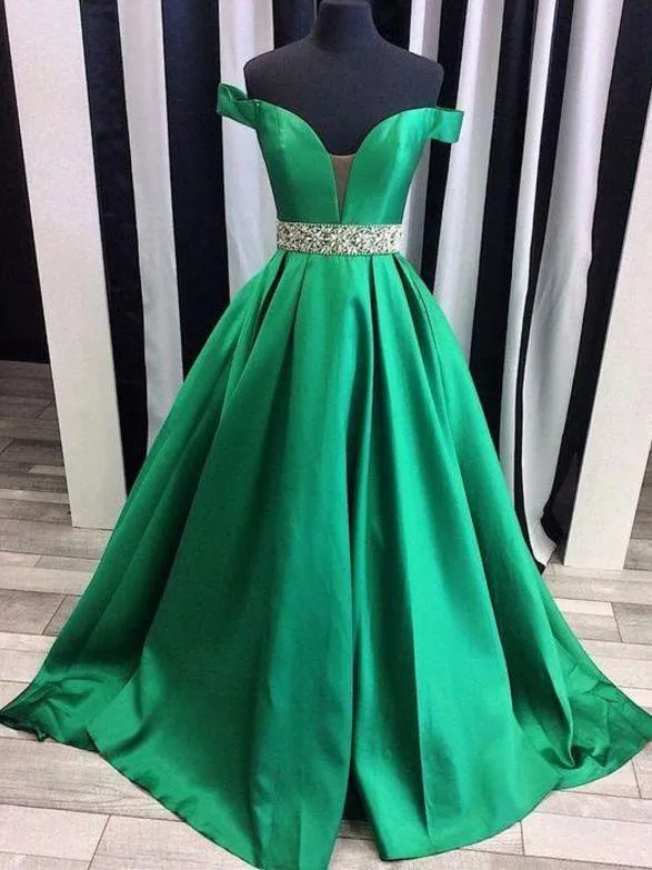 A Line Off the Shoulder V Neck Prom Dresses With Beaded Belt