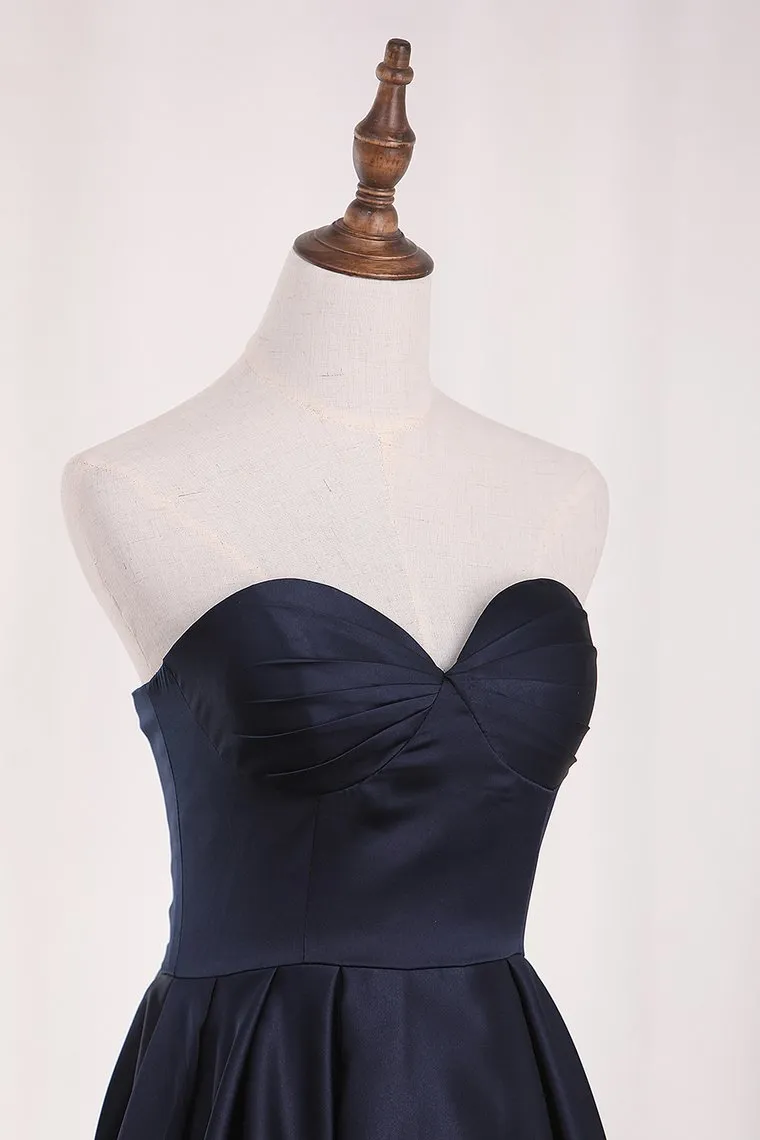 A Line Satin Asymmetrical Sweetheart Evening Dresses With Ruffles