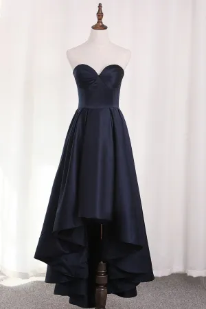 A Line Satin Asymmetrical Sweetheart Evening Dresses With Ruffles