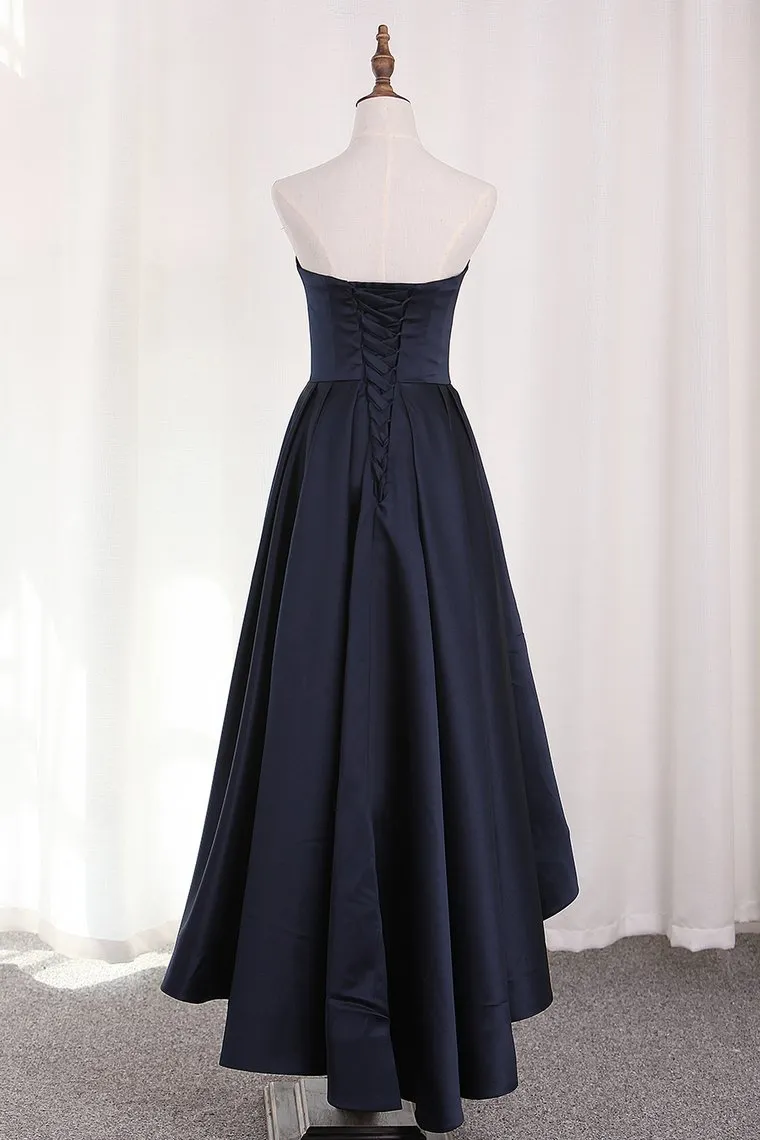 A Line Satin Asymmetrical Sweetheart Evening Dresses With Ruffles