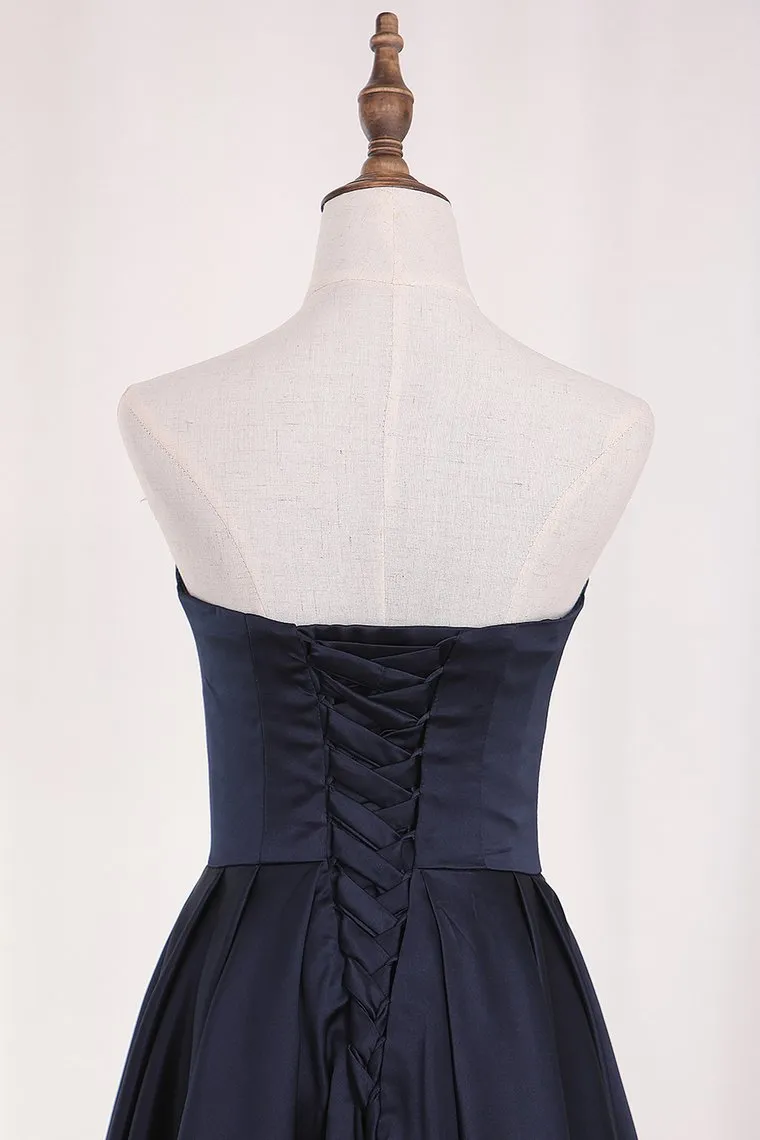 A Line Satin Asymmetrical Sweetheart Evening Dresses With Ruffles