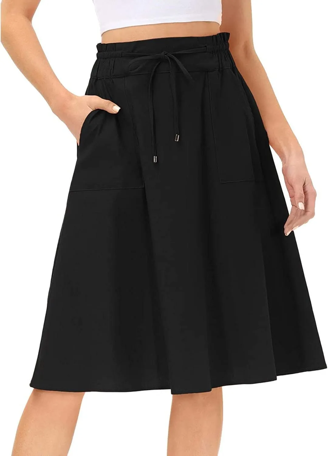 A Line Skirt for Women Solid Lightweight Drawstring High Elastic Waist Knee Length Summer Skirts 2025 Trendy Clothes