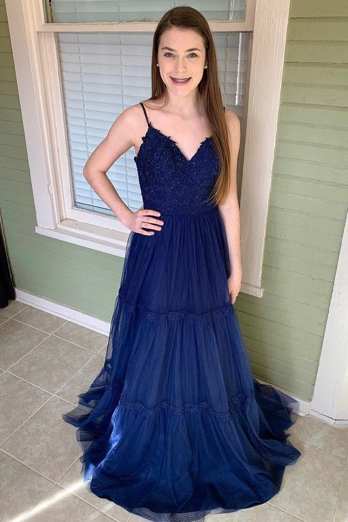 A Line Spaghetti Straps Dark Blue Tulle Long Prom Dresses PFP0505