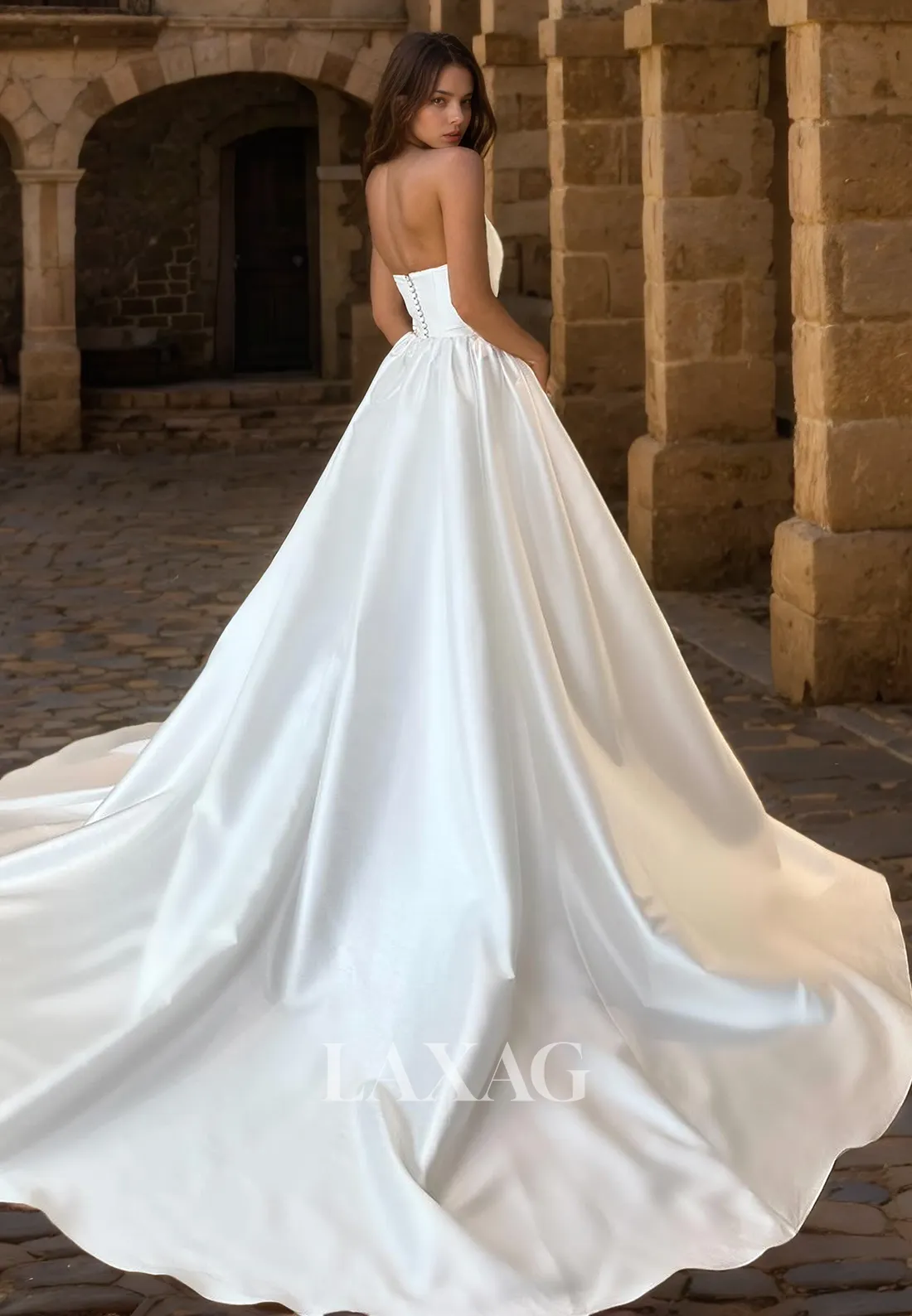A-Line Strapless Sleek Satin Elegant Wedding Dress with Train