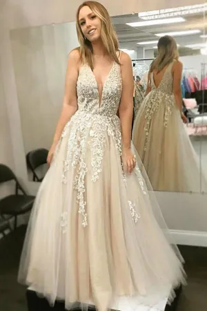 A Line V Neck Prom Dresses With Lace Appliques, Long Cheap Evening Dress PFP0482