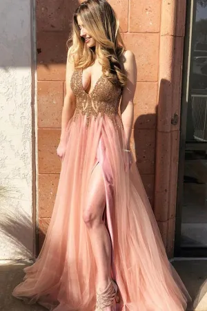 A-Line V-Neck Tulle Long Coral Prom Dress with Beading Split PFP0595