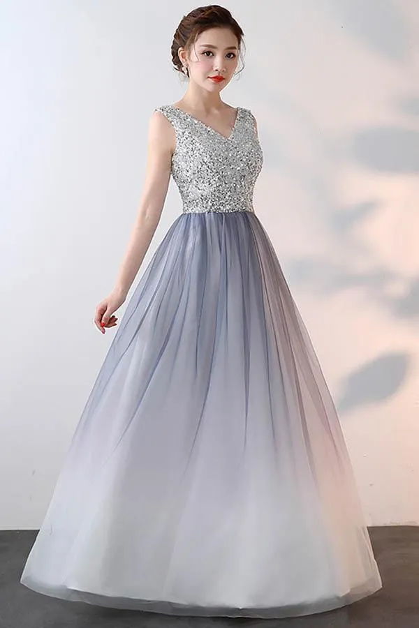 A-line V Neck Tulle Prom Dress Evening Dress With Sequin PG628