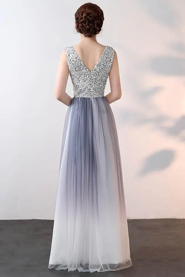 A-line V Neck Tulle Prom Dress Evening Dress With Sequin PG628
