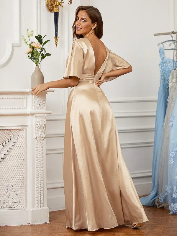 A-Line/Princess Silk like Satin Ruched V-neck Short Sleeves Floor-Length Dresses
