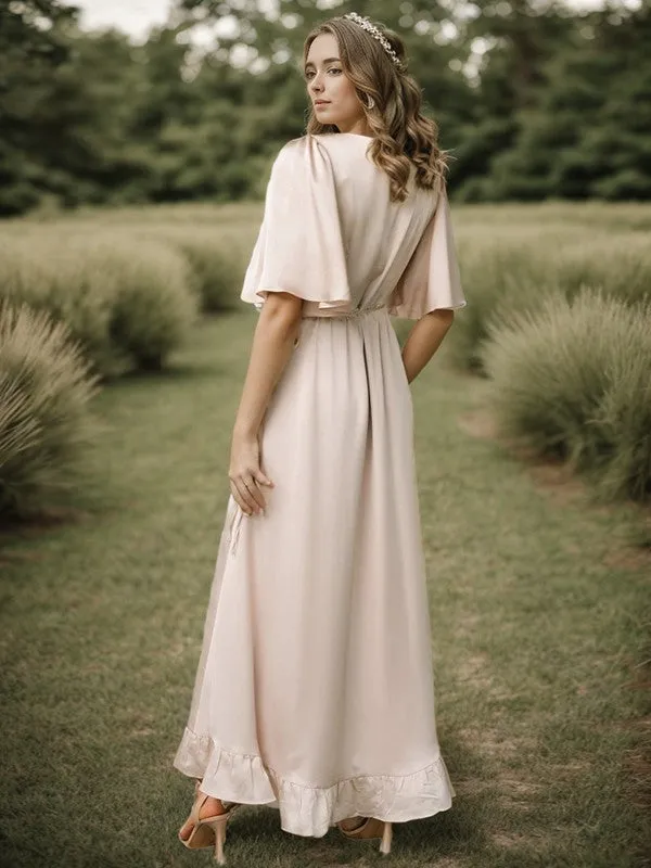 A-line/Princess Silk Like Satin Ruffles V-neck Short Sleeves Asymmetrical Bridesmaid Dresses