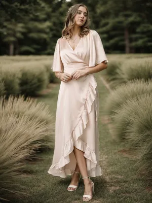A-line/Princess Silk Like Satin Ruffles V-neck Short Sleeves Asymmetrical Bridesmaid Dresses