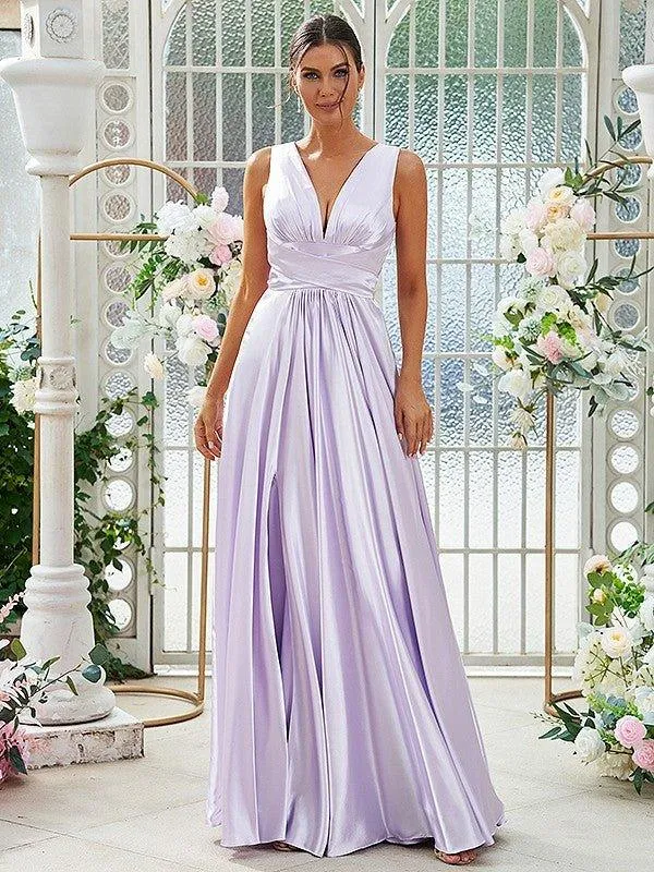 A-Line/Princess Silk like Satin Ruffles V-neck Sleeveless Floor-Length Bridesmaid Dresses