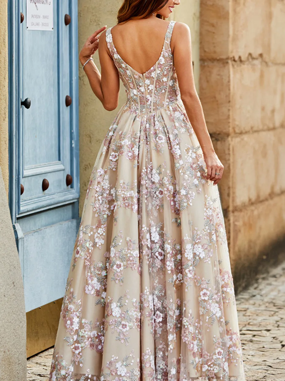 A-Line/Princess Square Neckline Sleeveless Floor-Length Evening Dress with Appliques