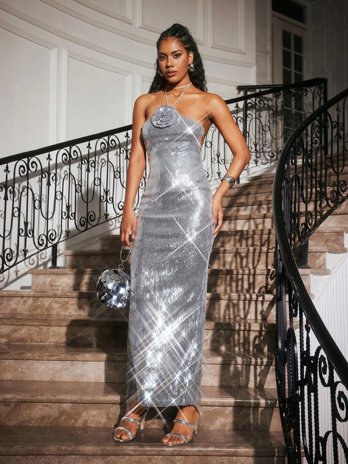 Aamina Halterneck Flower Sequin Maxi Dress