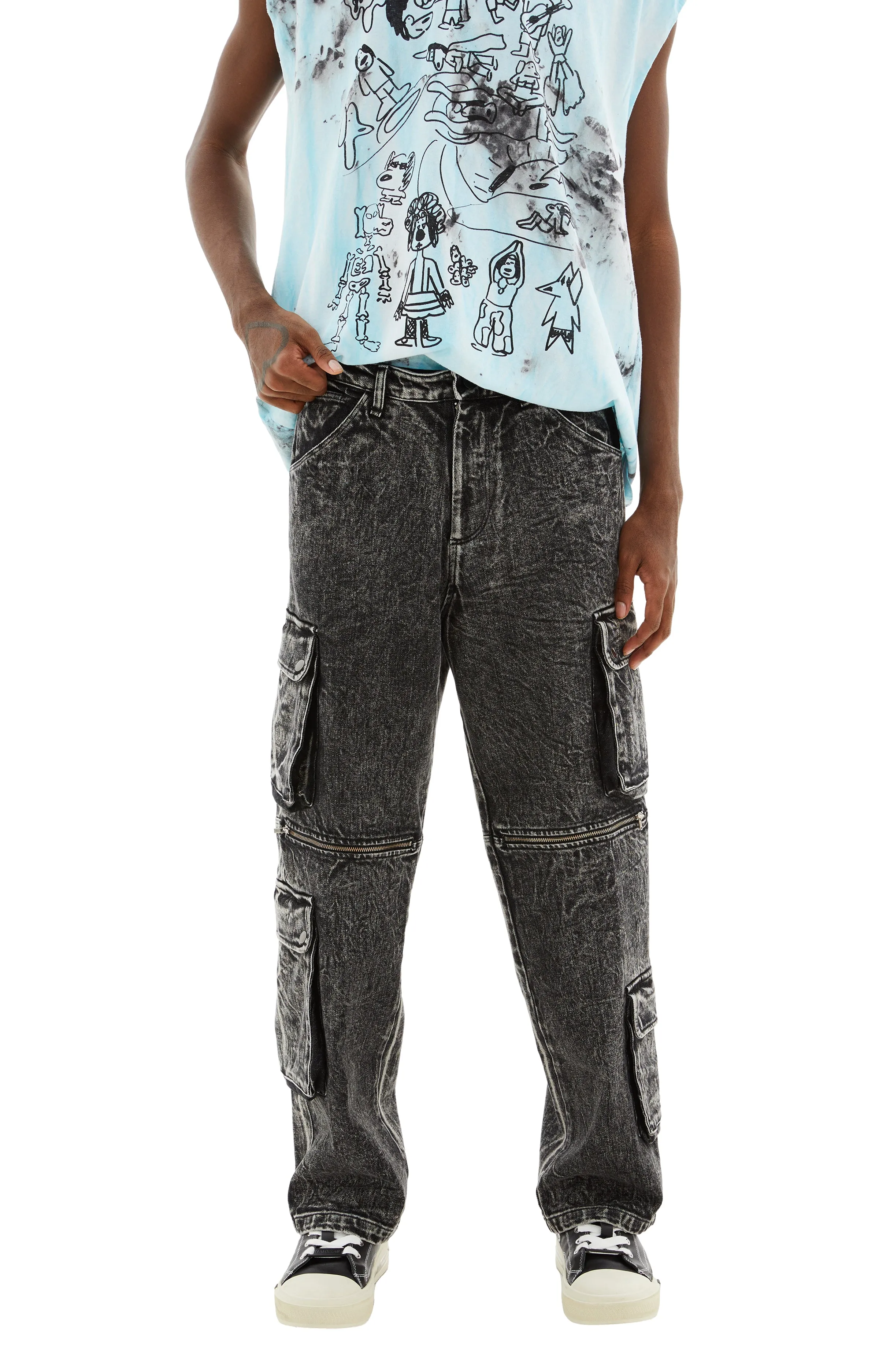Acid Wash Double Cargo Pants (Black)