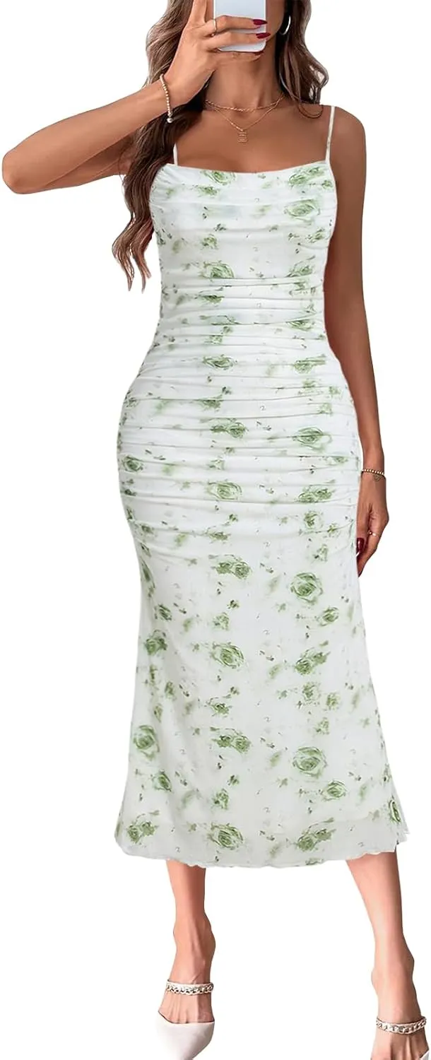 ACOSAP Women's Floral Ruched Bodycon Midi Dress Sleeveless Mesh Fishtail Slip Dresses