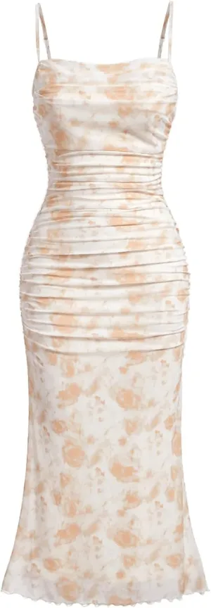ACOSAP Women's Floral Ruched Bodycon Midi Dress Sleeveless Mesh Fishtail Slip Dresses