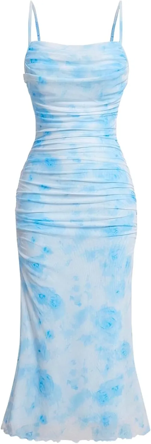 ACOSAP Women's Floral Ruched Bodycon Midi Dress Sleeveless Mesh Fishtail Slip Dresses