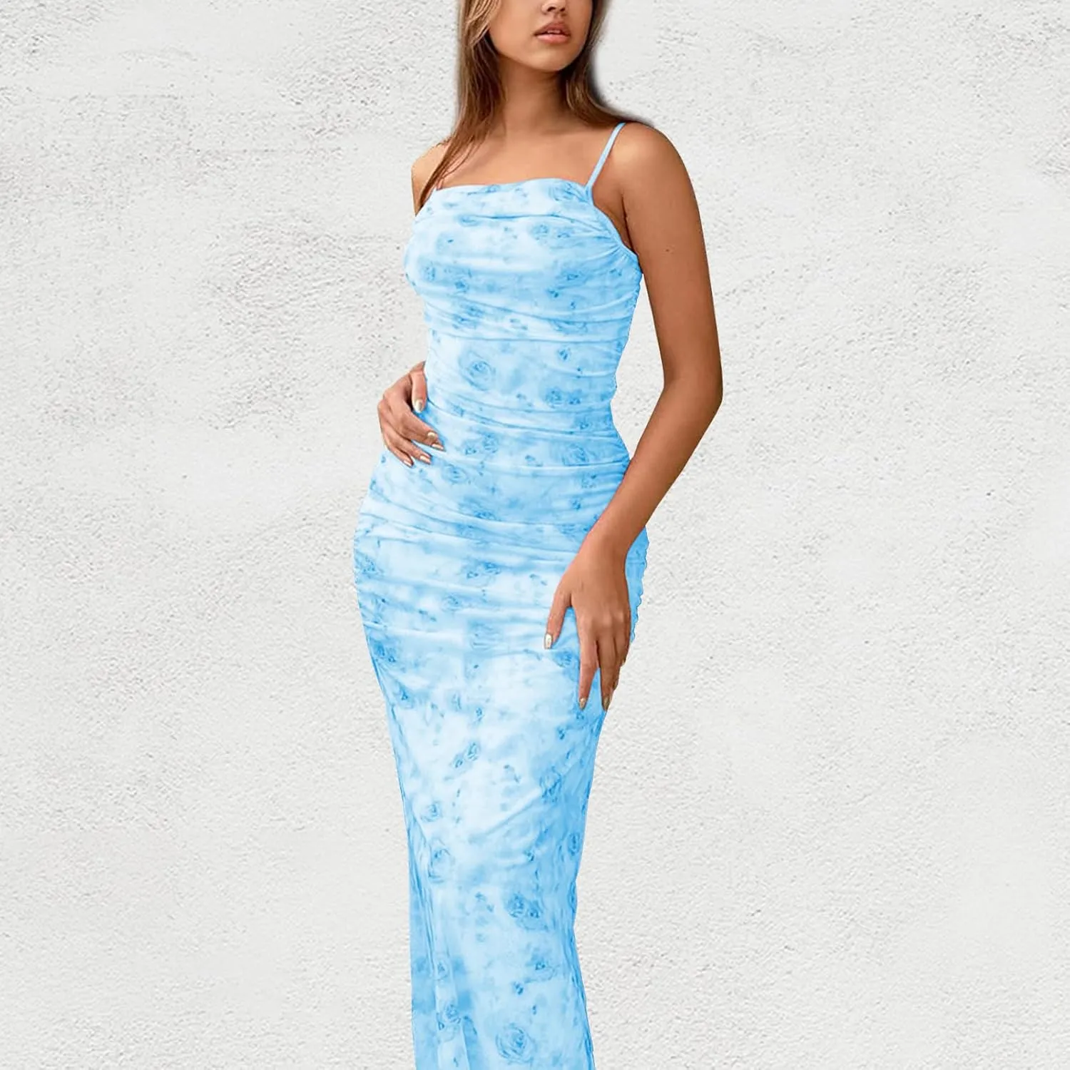 ACOSAP Women's Floral Ruched Bodycon Midi Dress Sleeveless Mesh Fishtail Slip Dresses