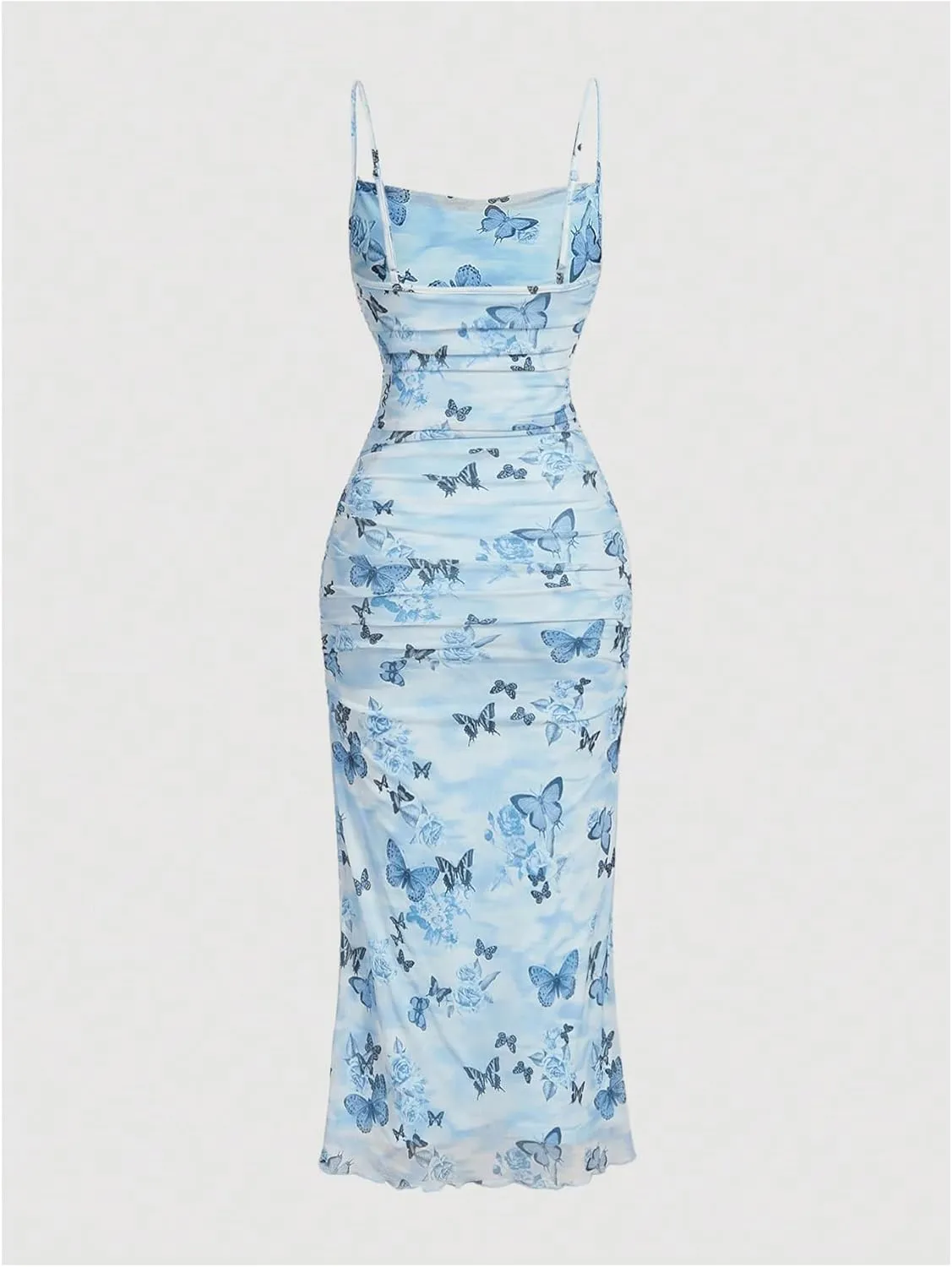 ACOSAP Women's Floral Ruched Bodycon Midi Dress Sleeveless Mesh Fishtail Slip Dresses