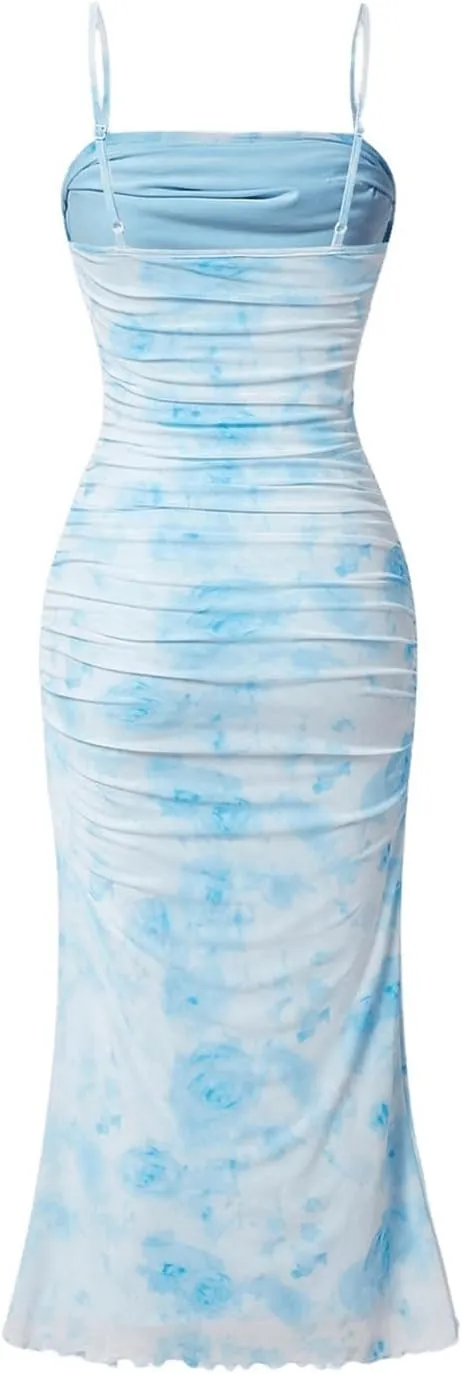 ACOSAP Women's Floral Ruched Bodycon Midi Dress Sleeveless Mesh Fishtail Slip Dresses