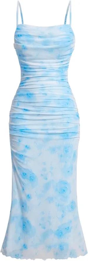 ACOSAP Women's Floral Ruched Bodycon Midi Dress Sleeveless Mesh Fishtail Slip Dresses