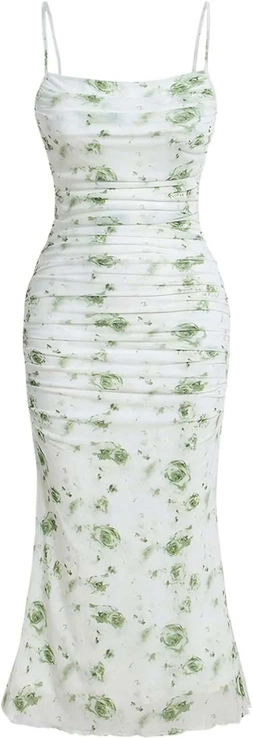 ACOSAP Women's Floral Ruched Bodycon Midi Dress Sleeveless Mesh Fishtail Slip Dresses