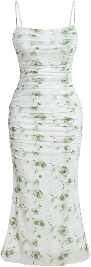 ACOSAP Women's Floral Ruched Bodycon Midi Dress Sleeveless Mesh Fishtail Slip Dresses