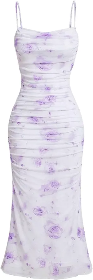 ACOSAP Women's Floral Ruched Bodycon Midi Dress Sleeveless Mesh Fishtail Slip Dresses