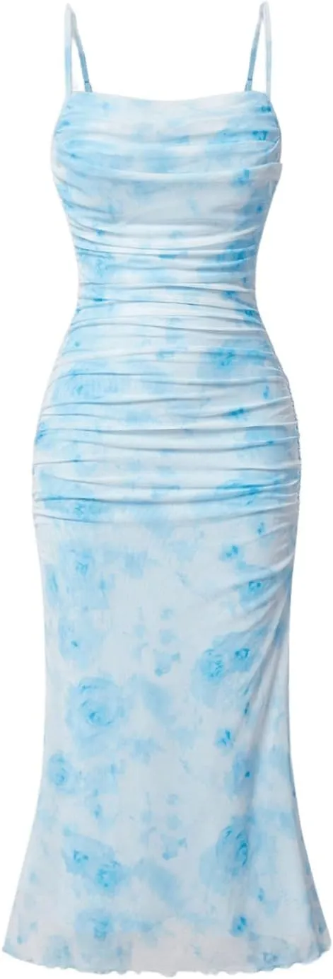 ACOSAP Women's Floral Ruched Bodycon Midi Dress Sleeveless Mesh Fishtail Slip Dresses