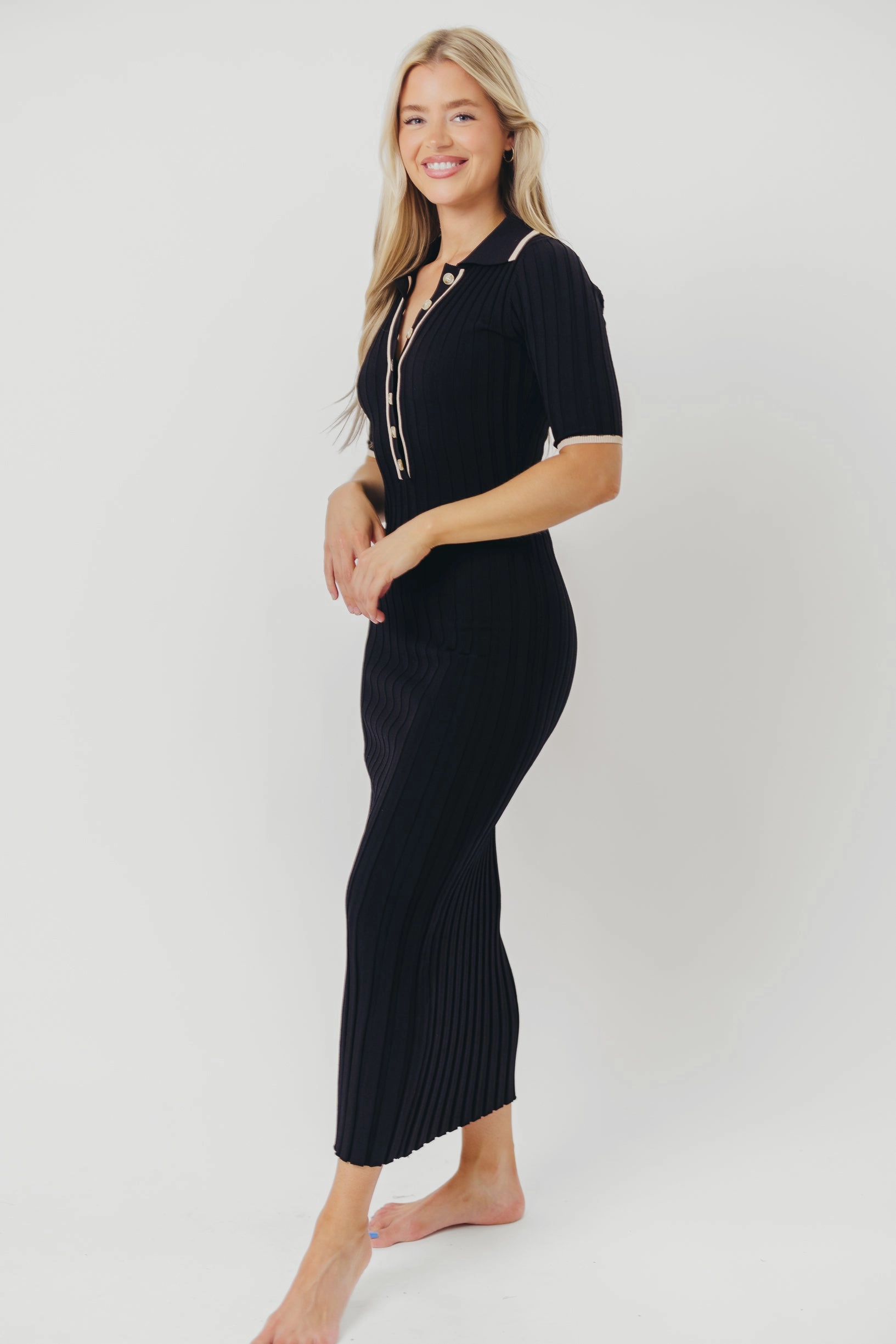 Addie Ribbed Button-Down Maxi Dress in Black - Nursing and Bump Friendly