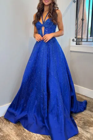 Adelisa | A Line V Neck Royal Blue Satin Prom Dresses with Beading
