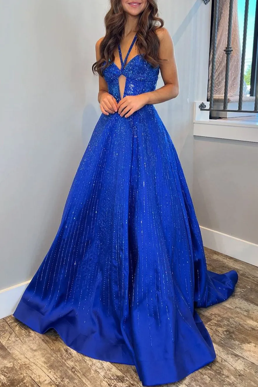 Adelisa | A Line V Neck Royal Blue Satin Prom Dresses with Beading
