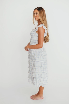 Adelynn Ruffle Midi Dress in White/Blue Adelynn Ruffle Midi Dress in White/Blue