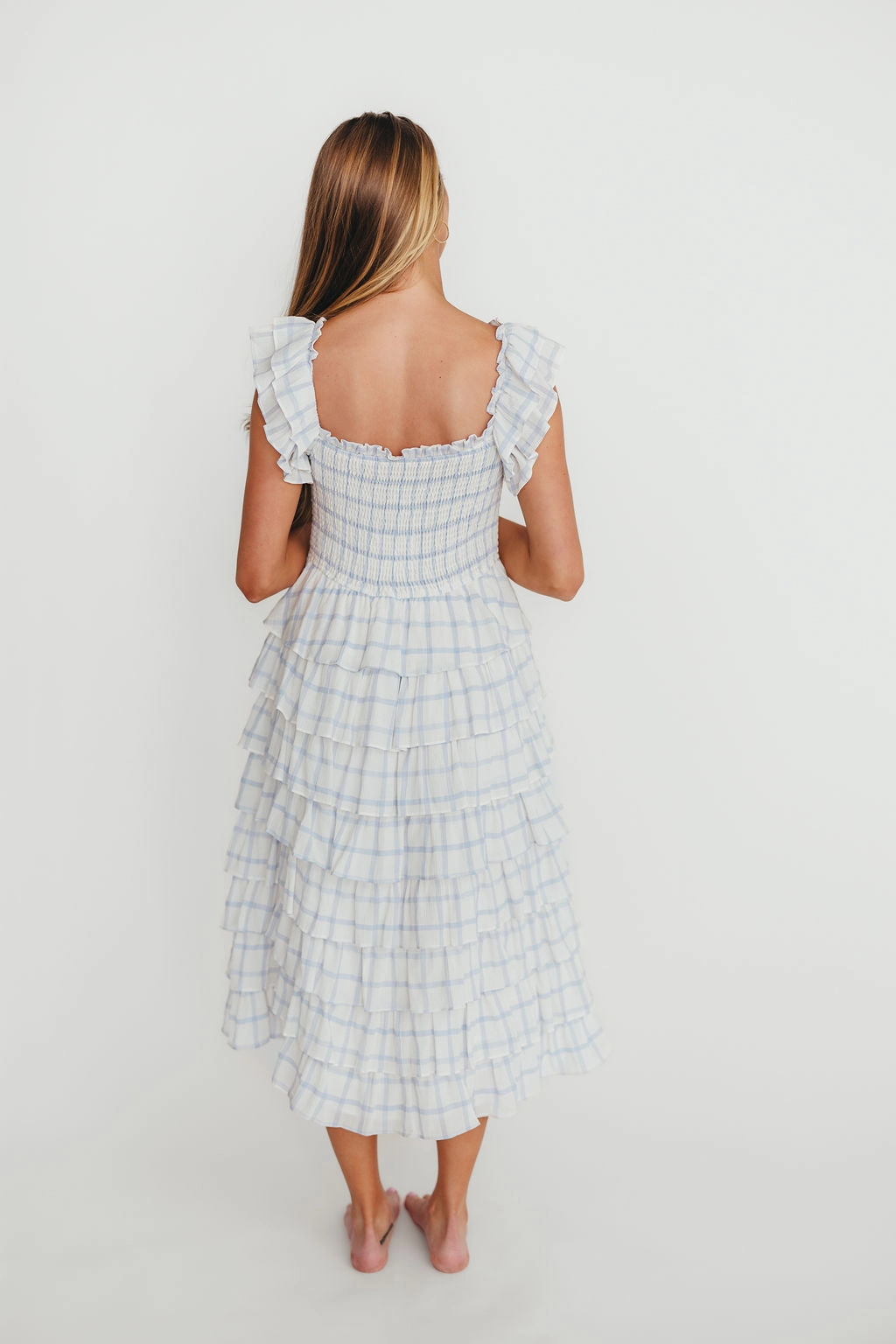 Adelynn Ruffle Midi Dress in White/Blue