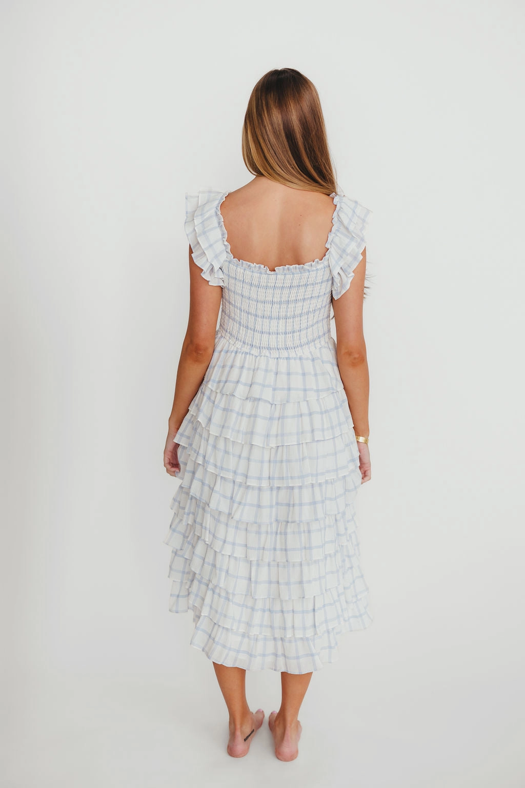 Adelynn Ruffle Midi Dress in White/Blue