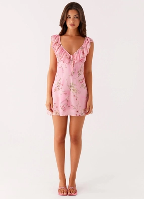 Adrina Ruffle Mini Dress - Pink Floral Print Adrina Ruffle Mini Dress - Pink Floral Print